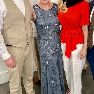 Slate Blue Beaded Adrianna Pappell Evening Gown